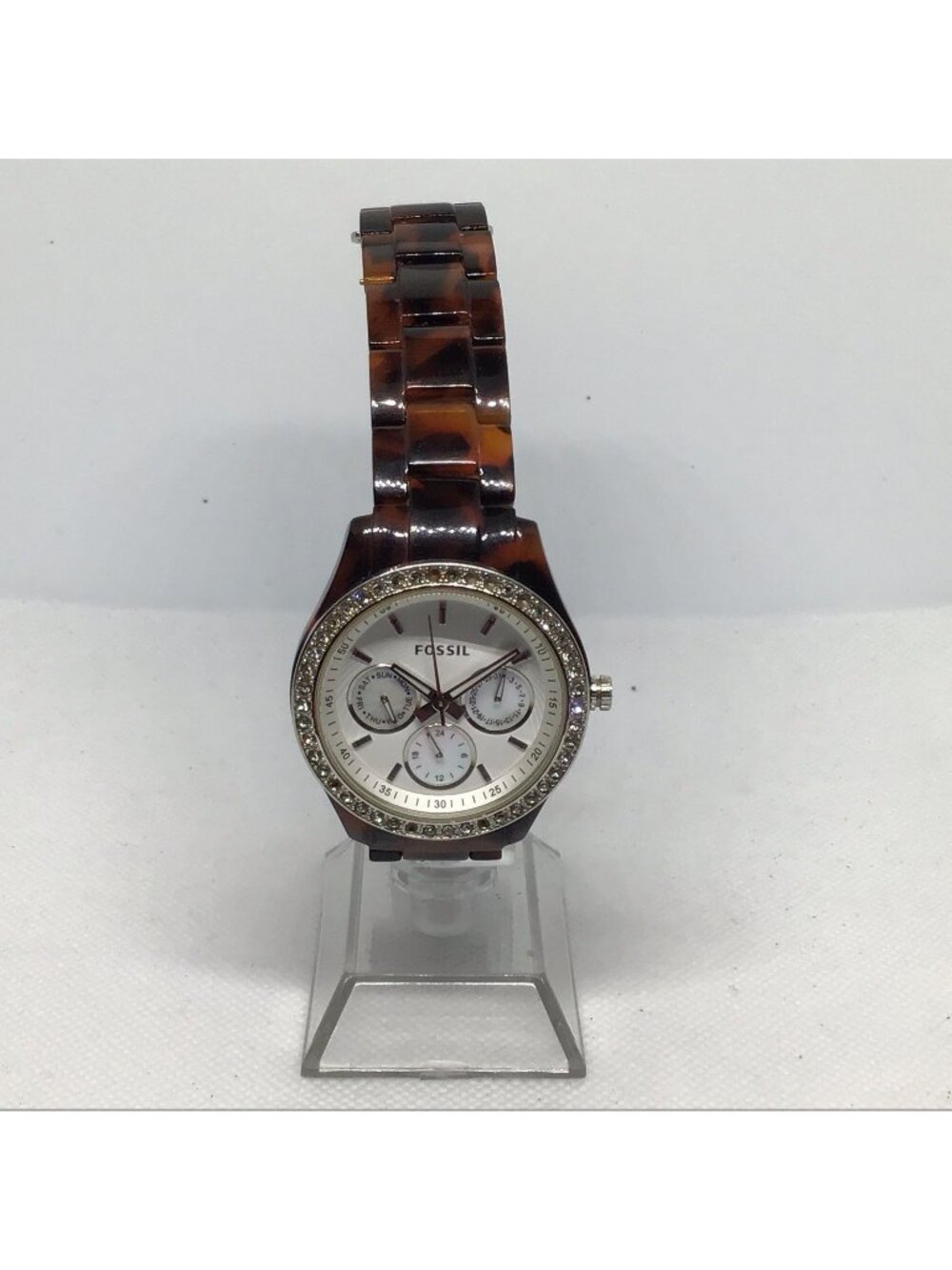 Fossil Stella ES2456 Womens Tortoise Crystal Bezel Day Date Watch 40mm